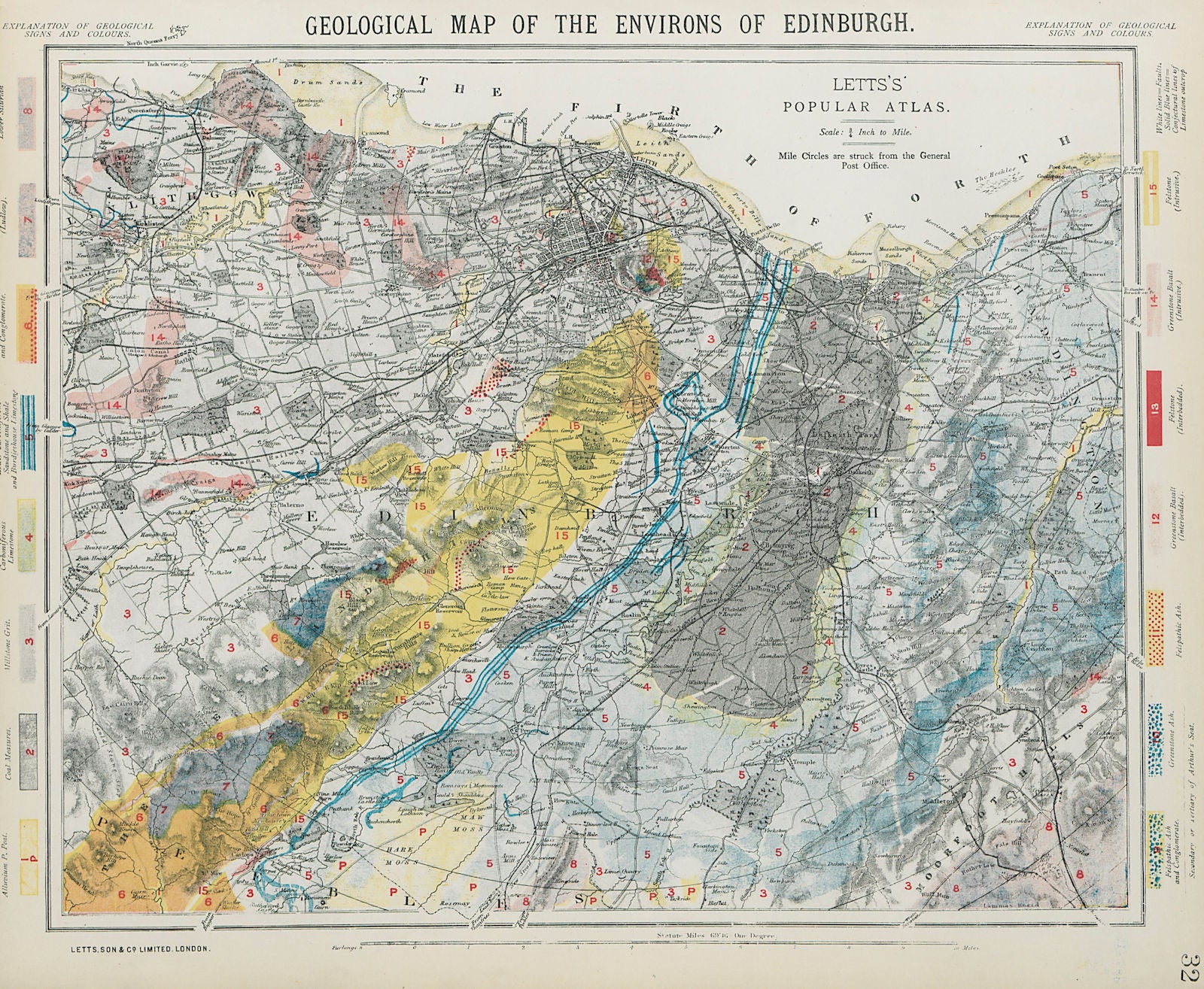 Geological map of the Environs of Edinburgh. Scotland. LETTS 1884 old